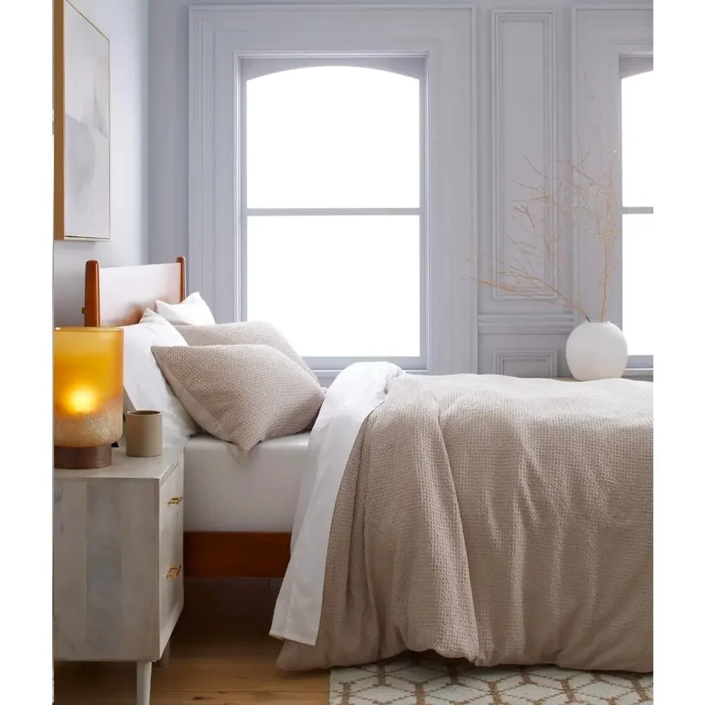 Quince Luxe Honeycomb 100% Organic Cotton Duvet Cover 3Pc Set Full Queen Sand